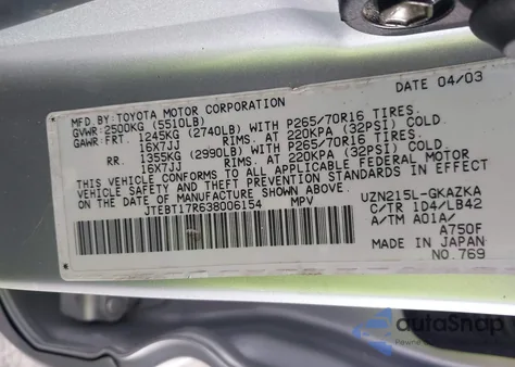 2003 Toyota 4Runner Limited V8 from USA, damaged, VIN JTEBT17R638006154